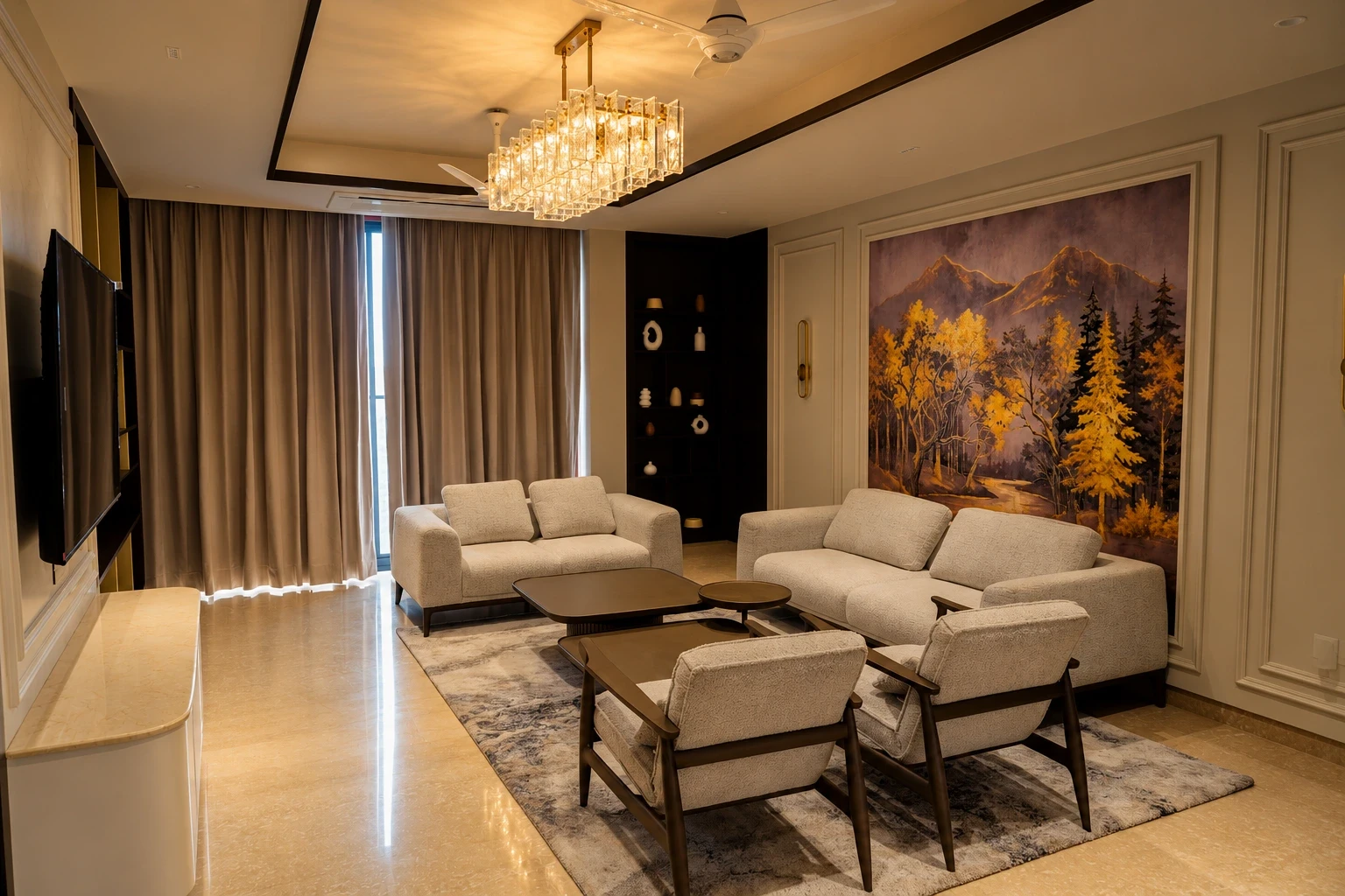 Palam View living room with cream sofas, a chandelier and a mountain landscape mural