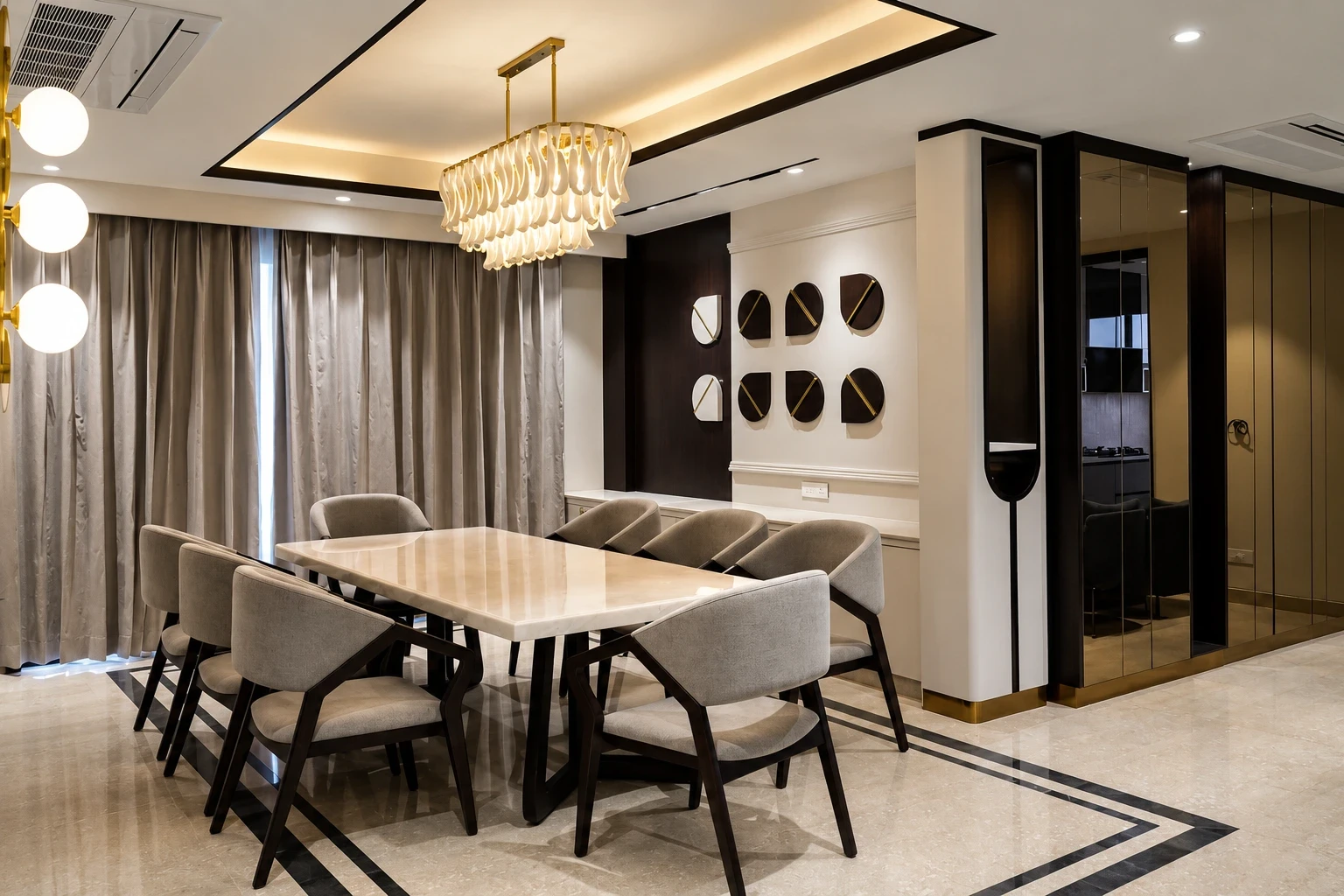 Palam View dining room with a six-seat marble-top table, upholstered chairs and a pendant chandelier