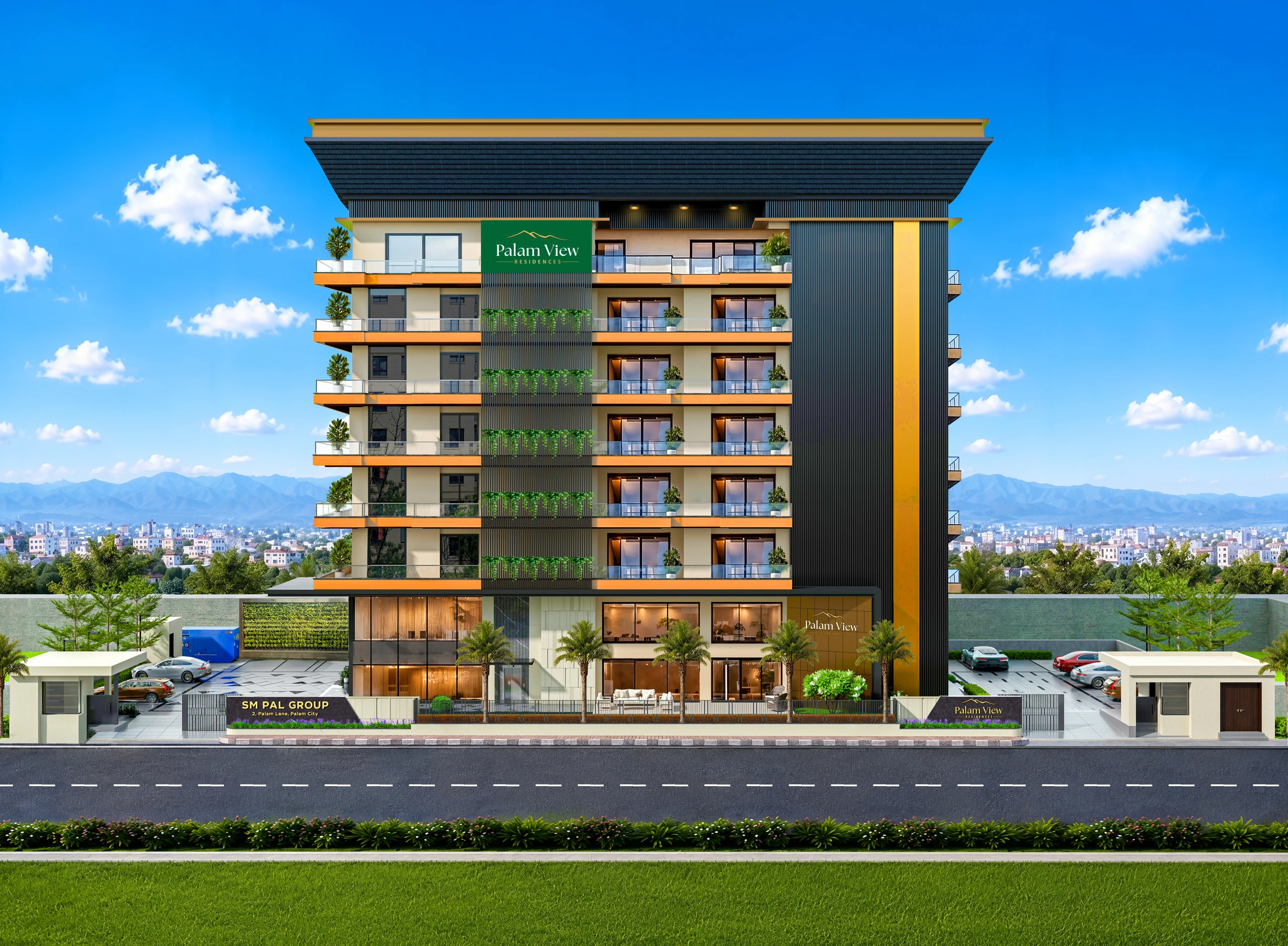 Front-view architectural visualisation of Palam View residences