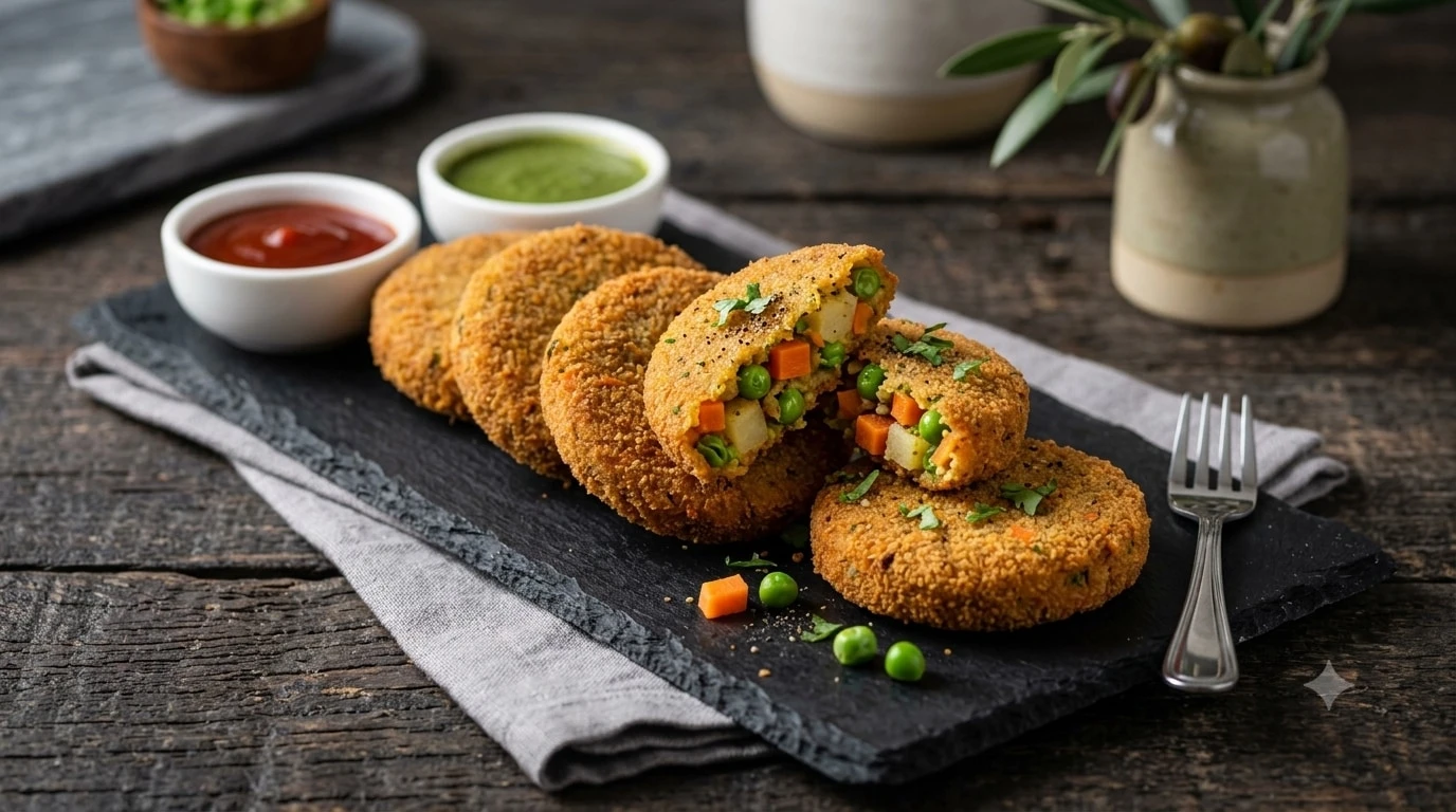 Stacked vegetable burger patties on a wooden board