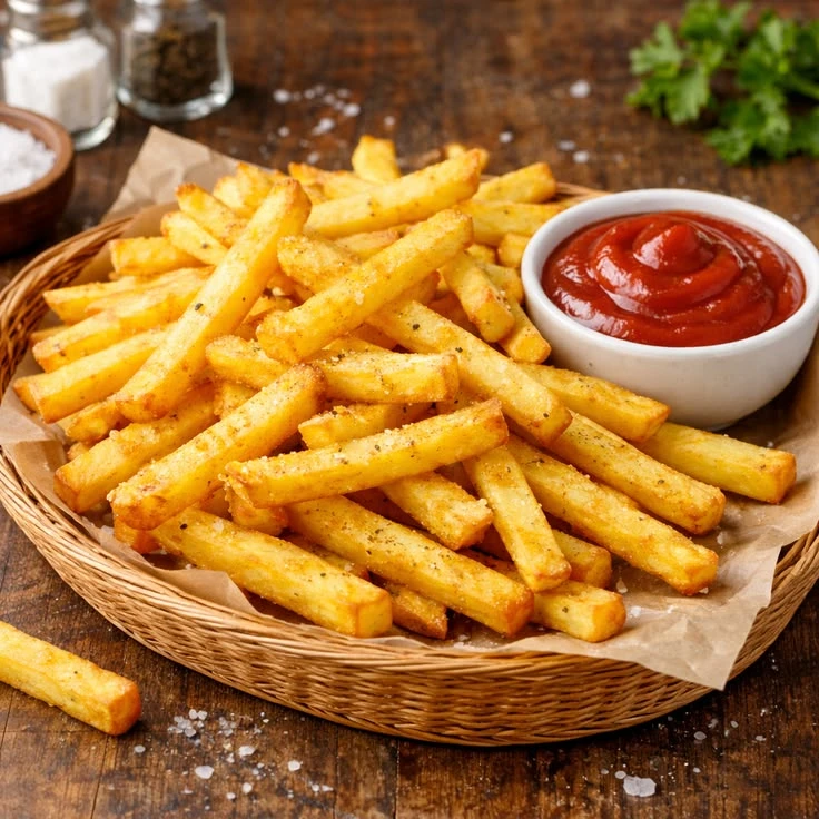 Golden French fries in a basket with a bowl of ketchup