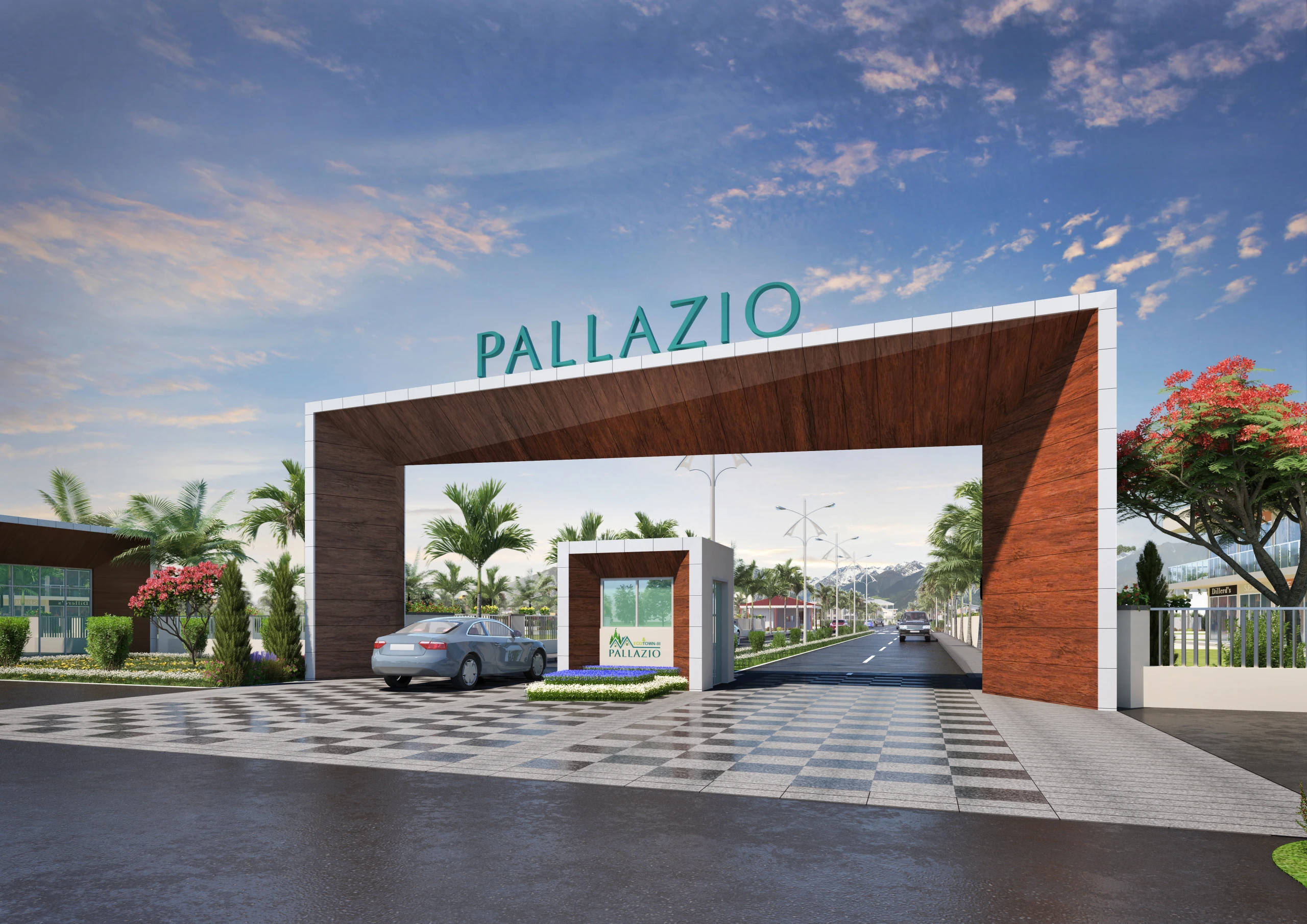 Architectural visualisation of Pallazio's landscaped entrance